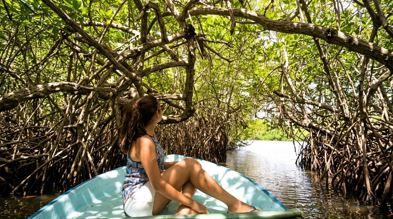 Boat safari through Madu River mangrove tunnel
