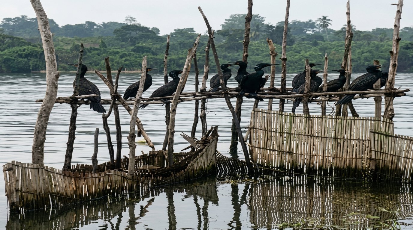 Birds resting beside Madu River fish traps