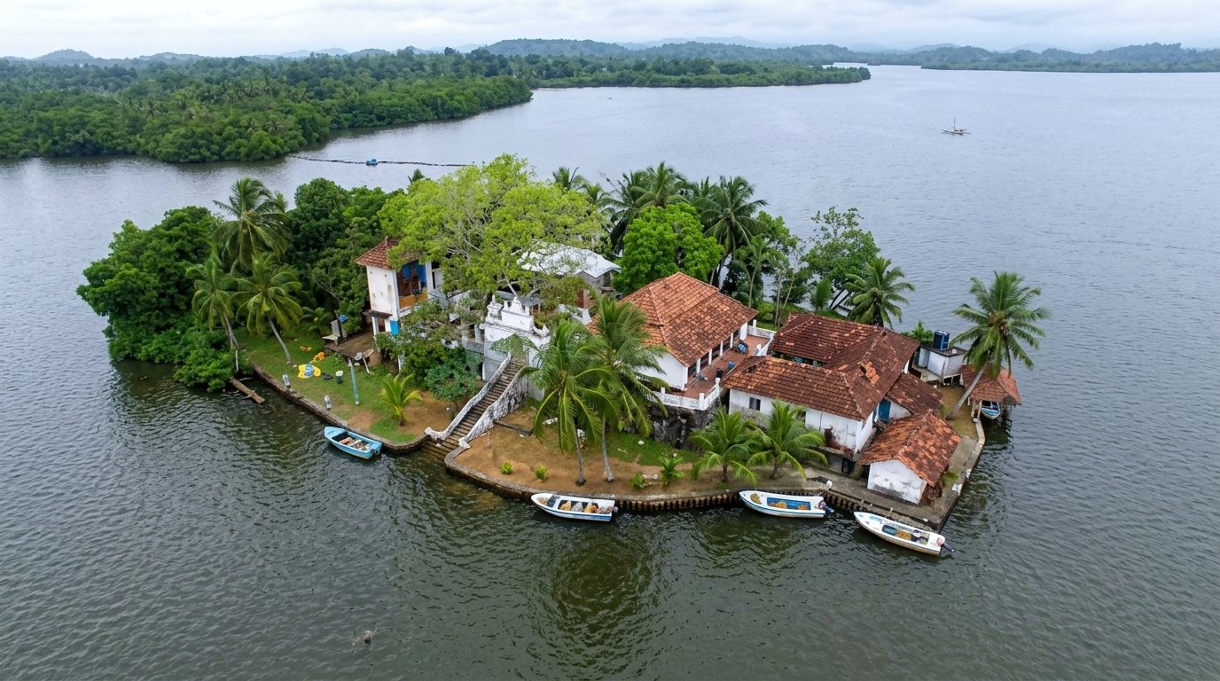 Madu River island temple and boats